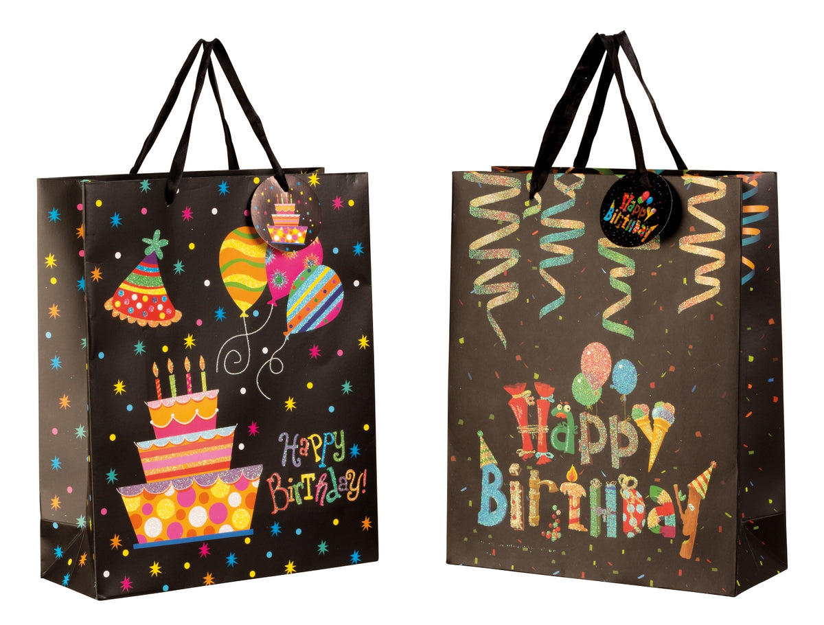 SET OF 2, Gift Bag "Happy Birthday" with Glitter | Large (32x26x10 cm)