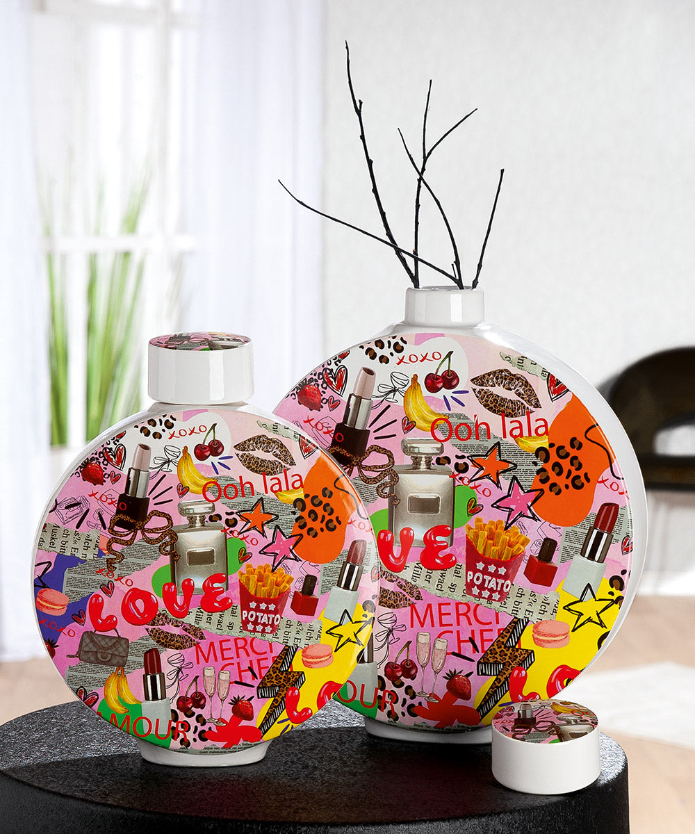 Lidded vase, round, "Love you, Ooh lala"