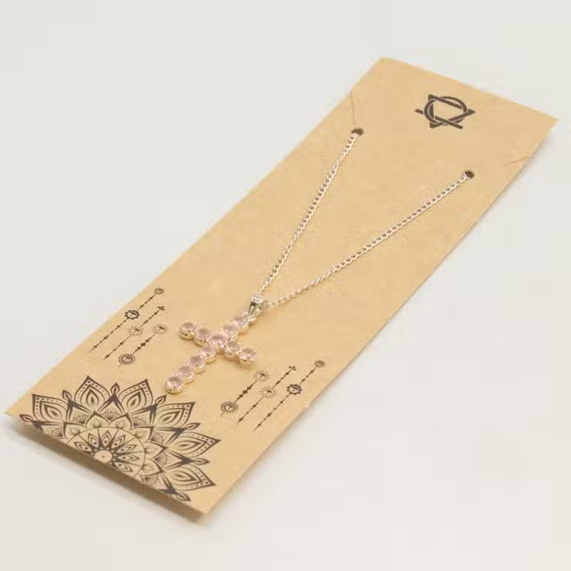 Indian Devotional Pendant - Silver-Plated (45 cm Chain) - Rose Quartz Cross