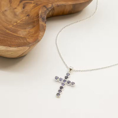 Indian Devotional Pendant - Silver-Plated (45 cm Chain) - Iolite Crucifix