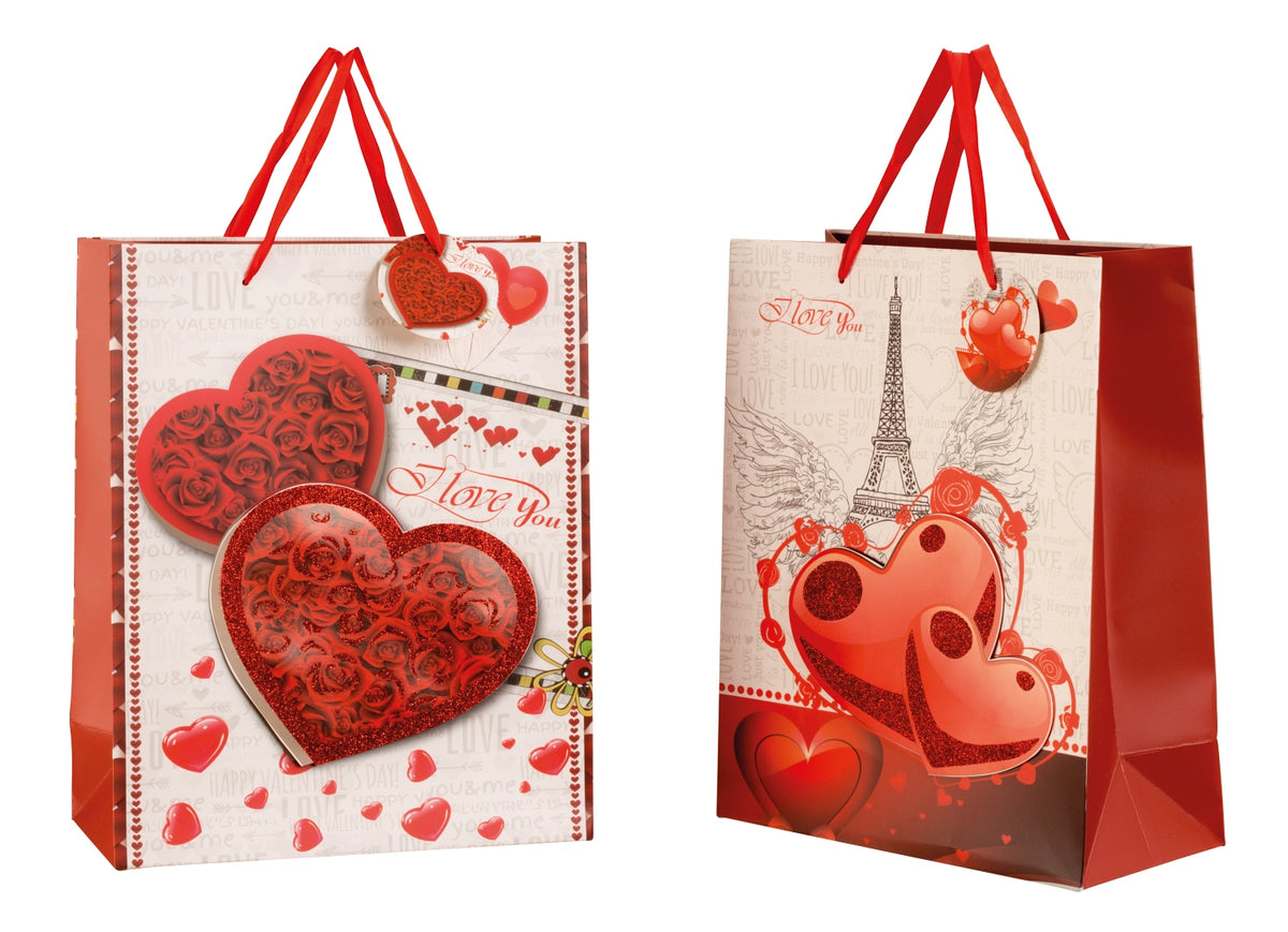 SET OF 2, Gift Bag "Hearts Glitter & 3D", Large (32x26x12 cm)