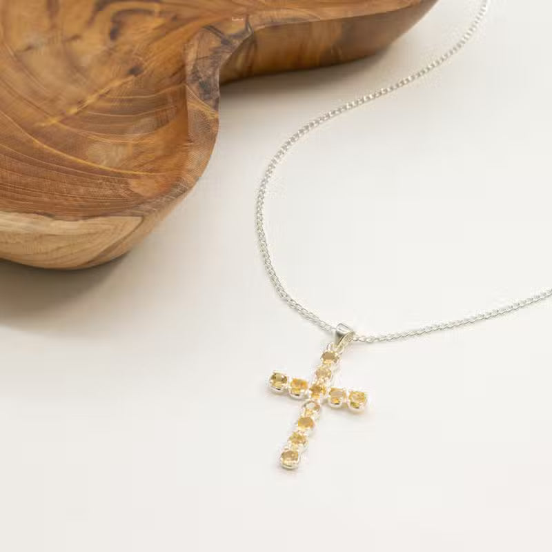 Indian Devotional Pendant - Silver-Plated (45 cm Chain) - Citrine Cross