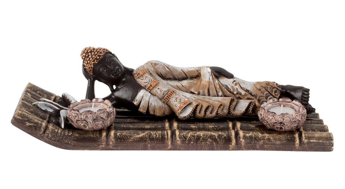 Buddha with 2 Tealight Holders - "Meditation makes you tired"