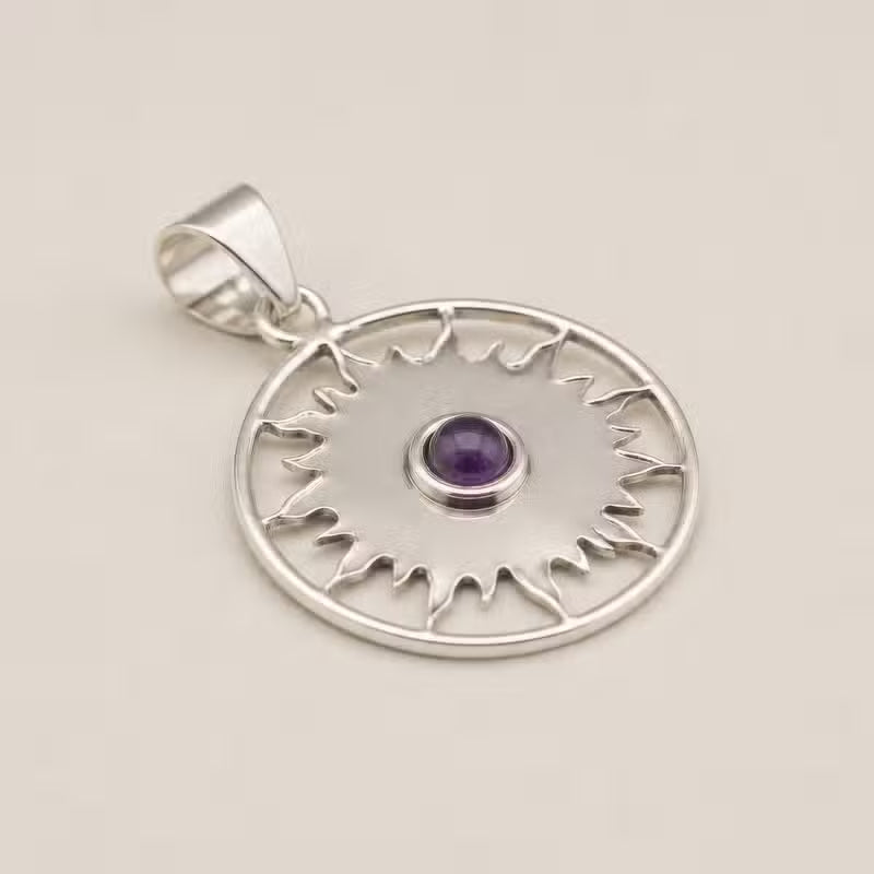 Indian Devotional Pendant - Silver-Plated (45 cm Cord) - Sun Prayer Amethyst