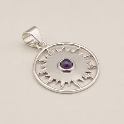 Indian Devotional Pendant - Silver-Plated (45 cm Cord) - Sun Prayer Amethyst