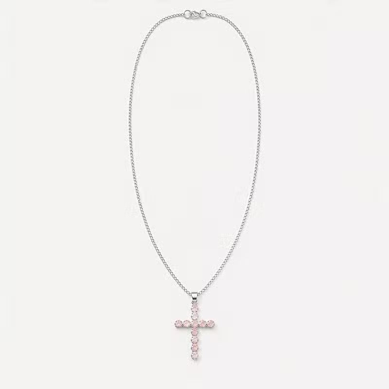 Indian Devotional Pendant - Silver-Plated (45 cm Chain) - Rose Quartz Cross