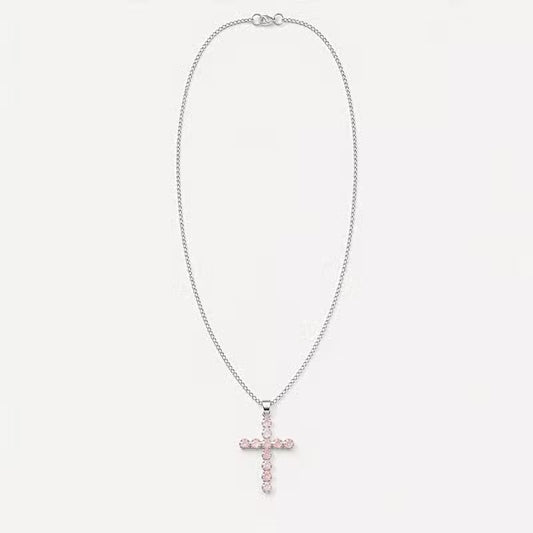 Indian Devotional Pendant - Silver-Plated (45 cm Chain) - Rose Quartz Cross