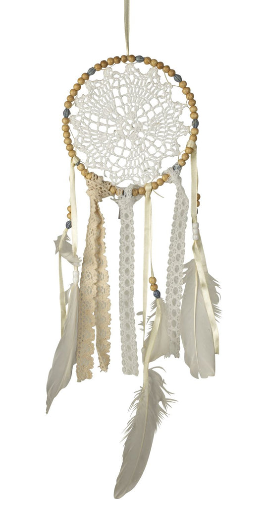 Dreamcatcher, white with wooden bead ring, "Wooden beads"