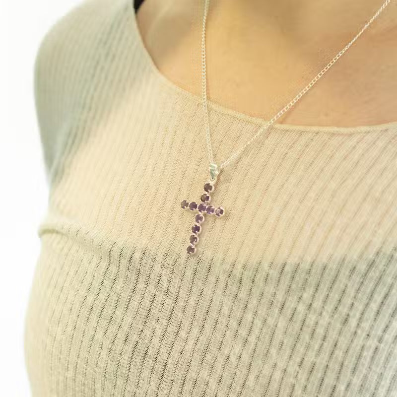 Indian Devotional Pendant - Silver-Plated (45 cm Chain) - Amethyst Crucifix
