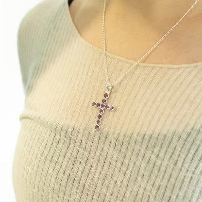 Indian Devotional Pendant - Silver-Plated (45 cm Chain) - Amethyst Crucifix