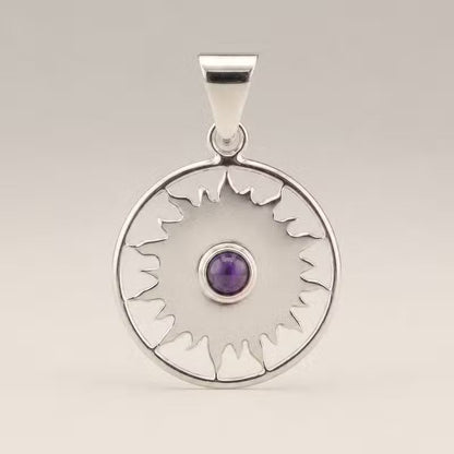 Indian Devotional Pendant - Silver-Plated (45 cm Cord) - Sun Prayer Amethyst