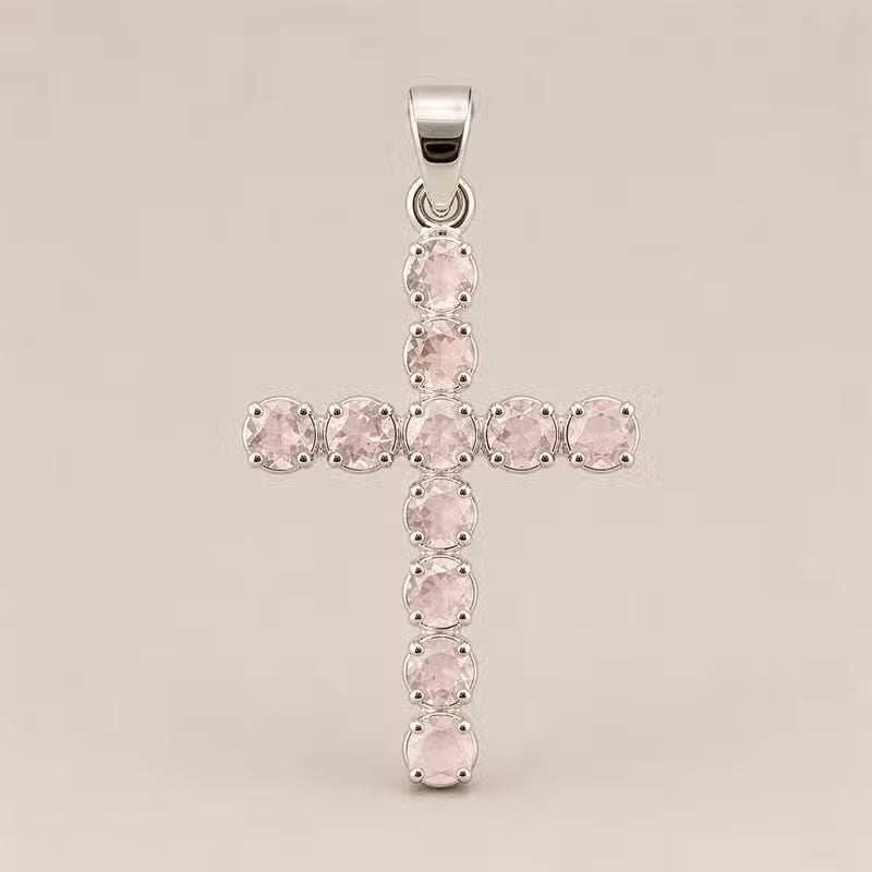 Indian Devotional Pendant - Silver-Plated (45 cm Chain) - Rose Quartz Cross