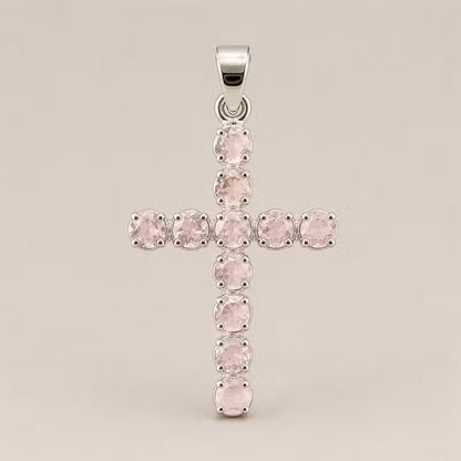 Indian Devotional Pendant - Silver-Plated (45 cm Chain) - Rose Quartz Cross