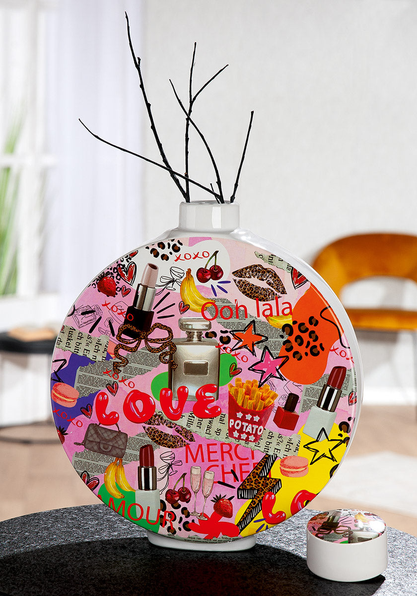 Lidded vase, round, "Love you, Ooh lala"