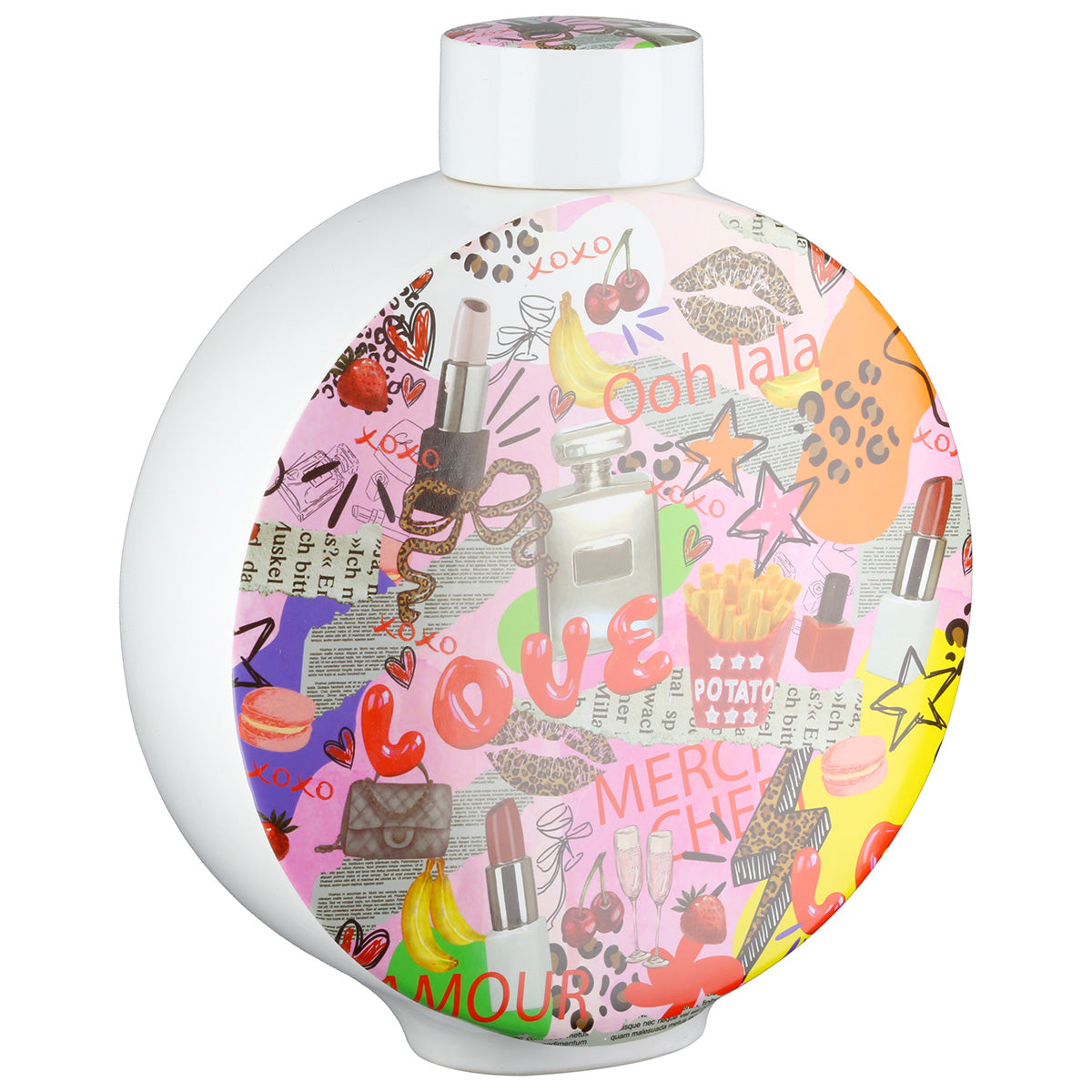Lidded vase, round, "Love you, Ooh lala"