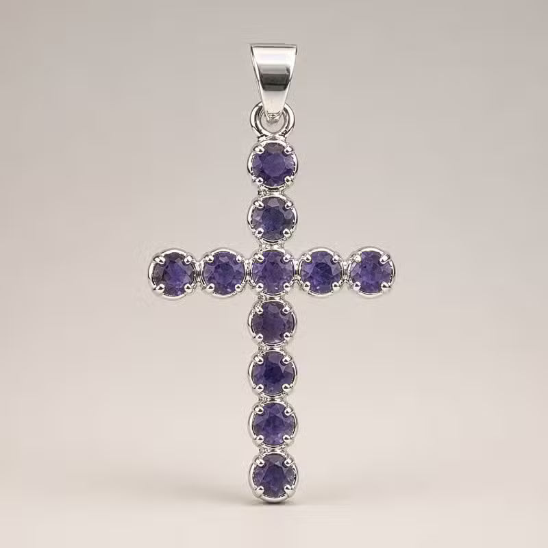 Indian Devotional Pendant - Silver-Plated (45 cm Chain) - Iolite Crucifix