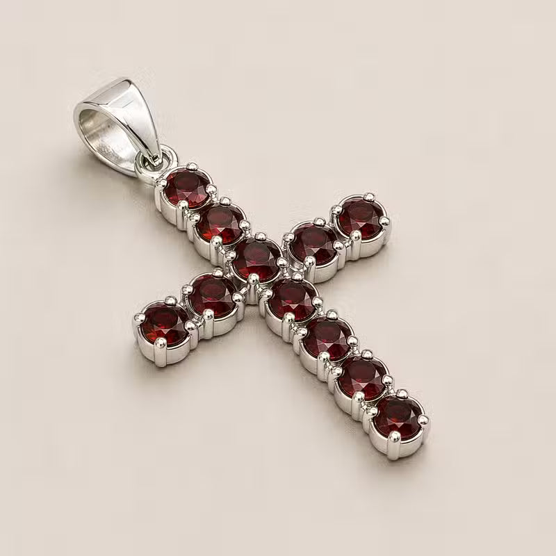 Indian Devotional Pendant - Silver-Plated (45 cm Chain) - Garnet Cross