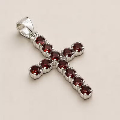 Indian Devotional Pendant - Silver-Plated (45 cm Chain) - Garnet Cross