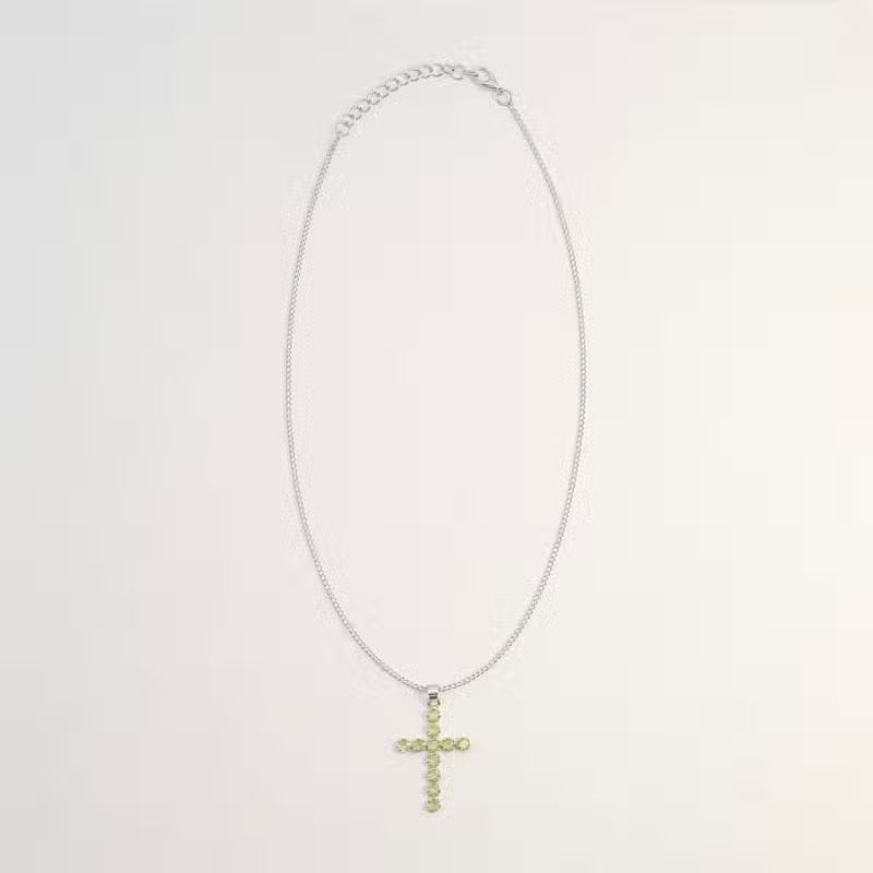 Indian Devotional Pendant - Silver-Plated (45 cm Chain) - Peridot Cross