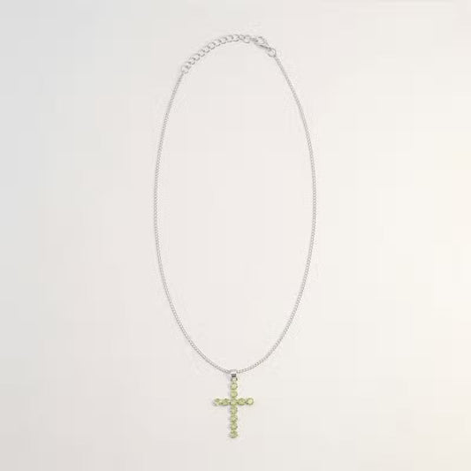 Indian Devotional Pendant - Silver-Plated (45 cm Chain) - Peridot Cross