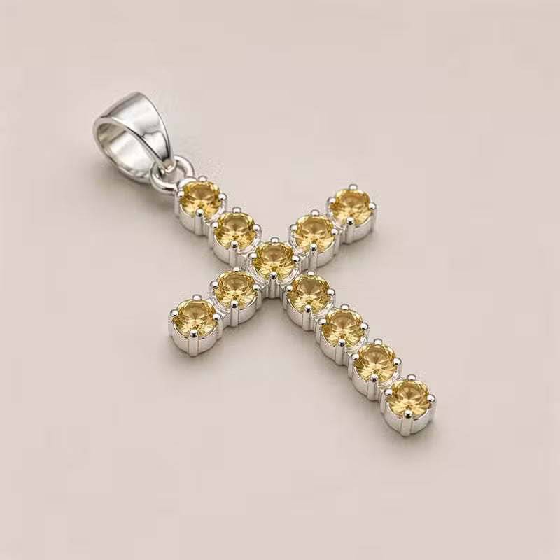 Indian Devotional Pendant - Silver-Plated (45 cm Chain) - Citrine Cross