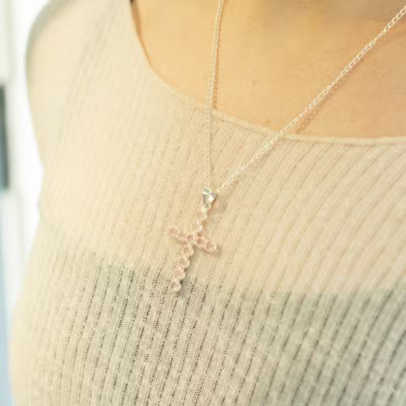 Indian Devotional Pendant - Silver-Plated (45 cm Chain) - Rose Quartz Cross