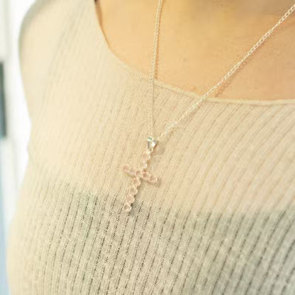 Indian Devotional Pendant - Silver-Plated (45 cm Chain) - Rose Quartz Cross