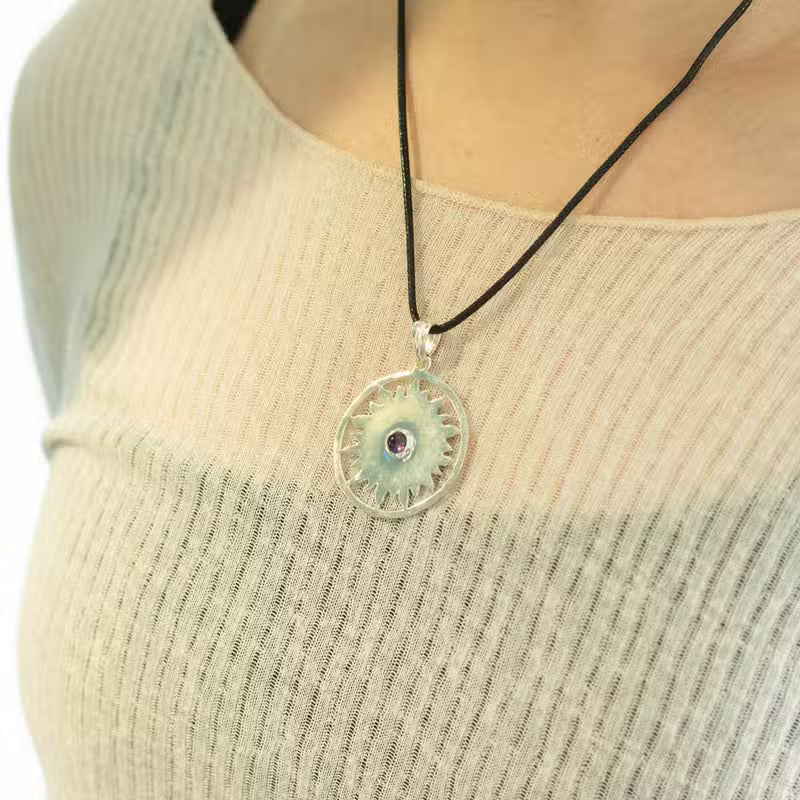 Indian Devotional Pendant - Silver-Plated (45 cm Cord) - Sun Prayer Amethyst