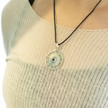 Indian Devotional Pendant - Silver-Plated (45 cm Cord) - Sun Prayer Amethyst
