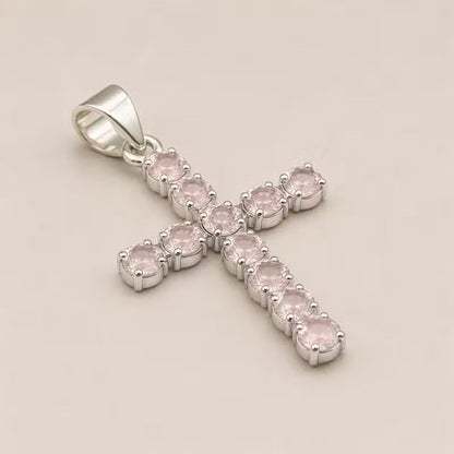 Indian Devotional Pendant - Silver-Plated (45 cm Chain) - Rose Quartz Cross