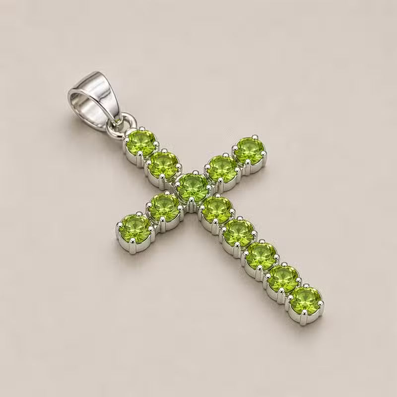 Indian Devotional Pendant - Silver-Plated (45 cm Chain) - Peridot Cross