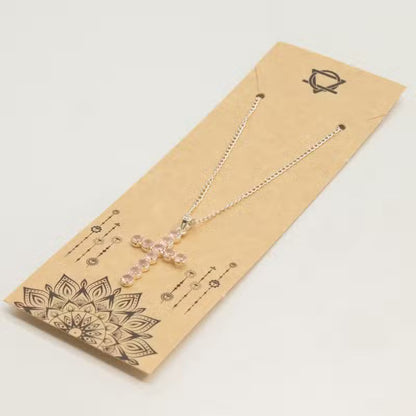 Indian Devotional Pendant - Silver-Plated (45 cm Chain) - Rose Quartz Cross