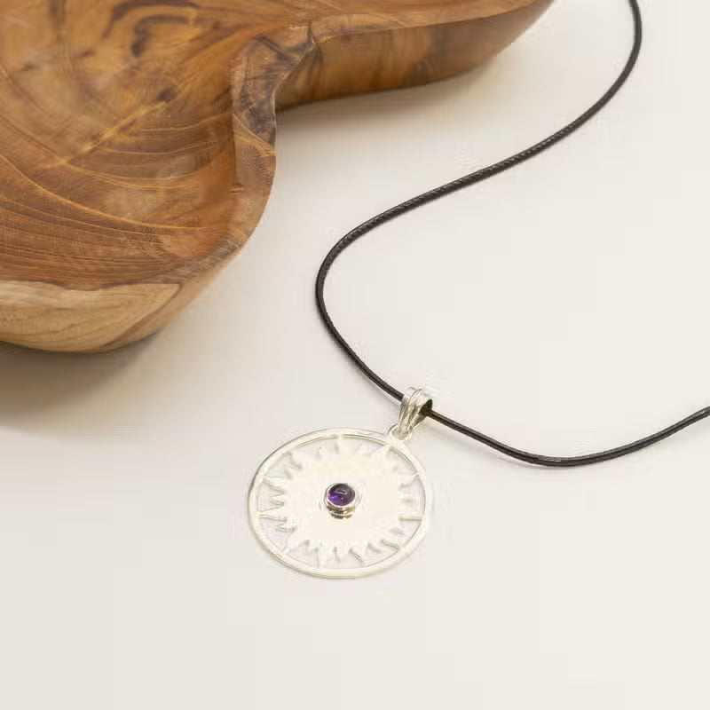 Indian Devotional Pendant - Silver-Plated (45 cm Cord) - Sun Prayer Amethyst