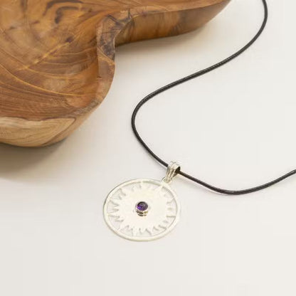 Indian Devotional Pendant - Silver-Plated (45 cm Cord) - Sun Prayer Amethyst