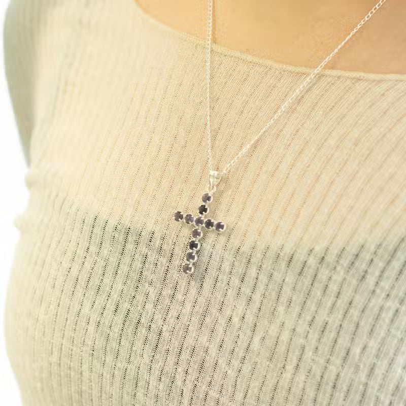 Indian Devotional Pendant - Silver-Plated (45 cm Chain) - Iolite Crucifix