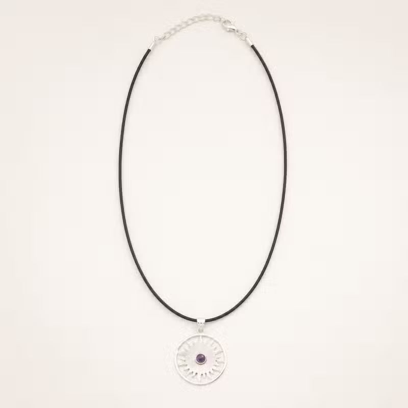 Indian Devotional Pendant - Silver-Plated (45 cm Cord) - Sun Prayer Amethyst
