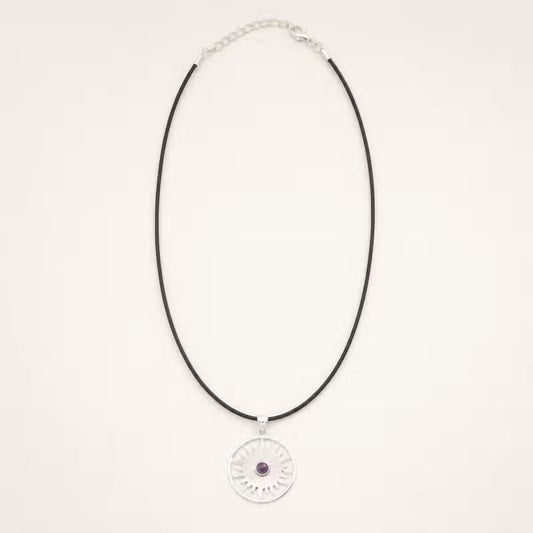 Indian Devotional Pendant - Silver-Plated (45 cm Cord) - Sun Prayer Amethyst