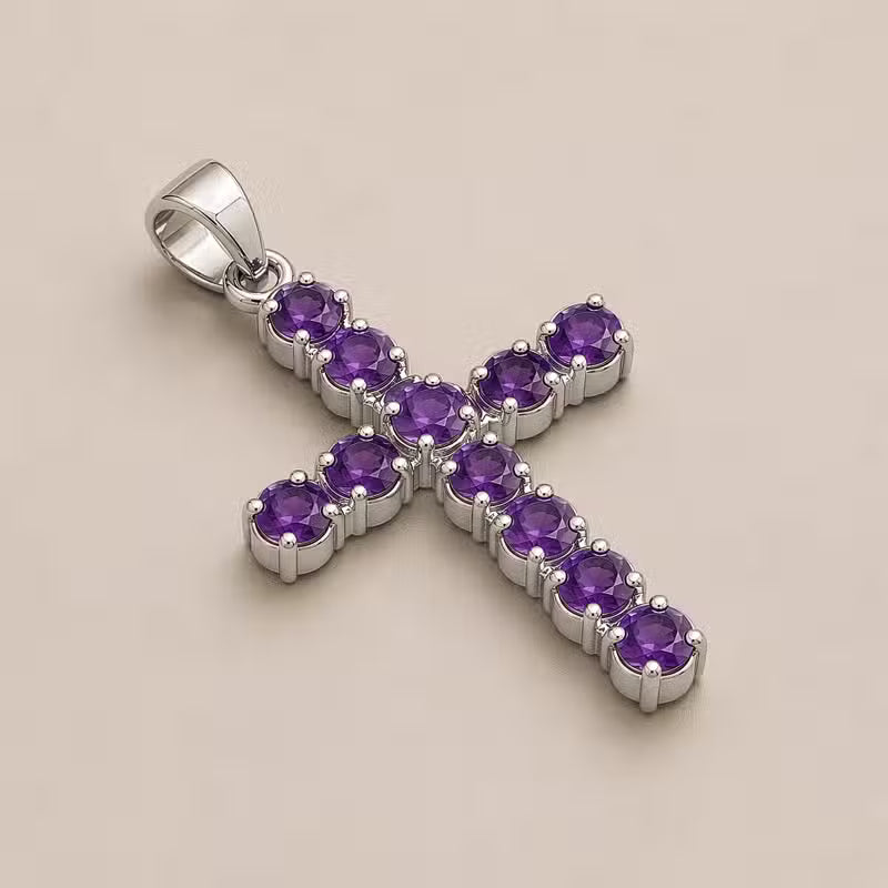 Indian Devotional Pendant - Silver-Plated (45 cm Chain) - Amethyst Crucifix