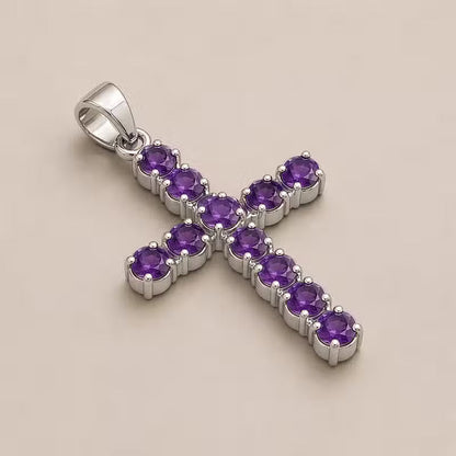 Indian Devotional Pendant - Silver-Plated (45 cm Chain) - Amethyst Crucifix