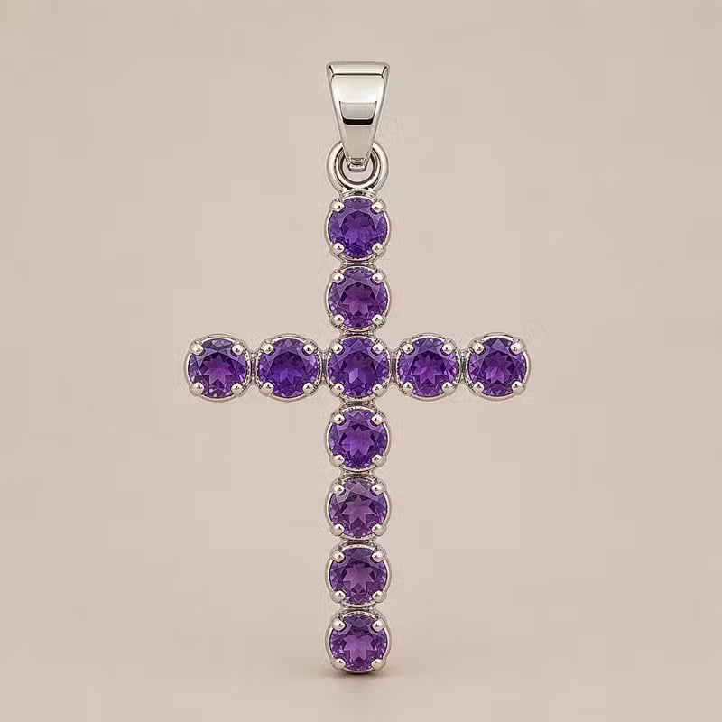 Indian Devotional Pendant - Silver-Plated (45 cm Chain) - Amethyst Crucifix