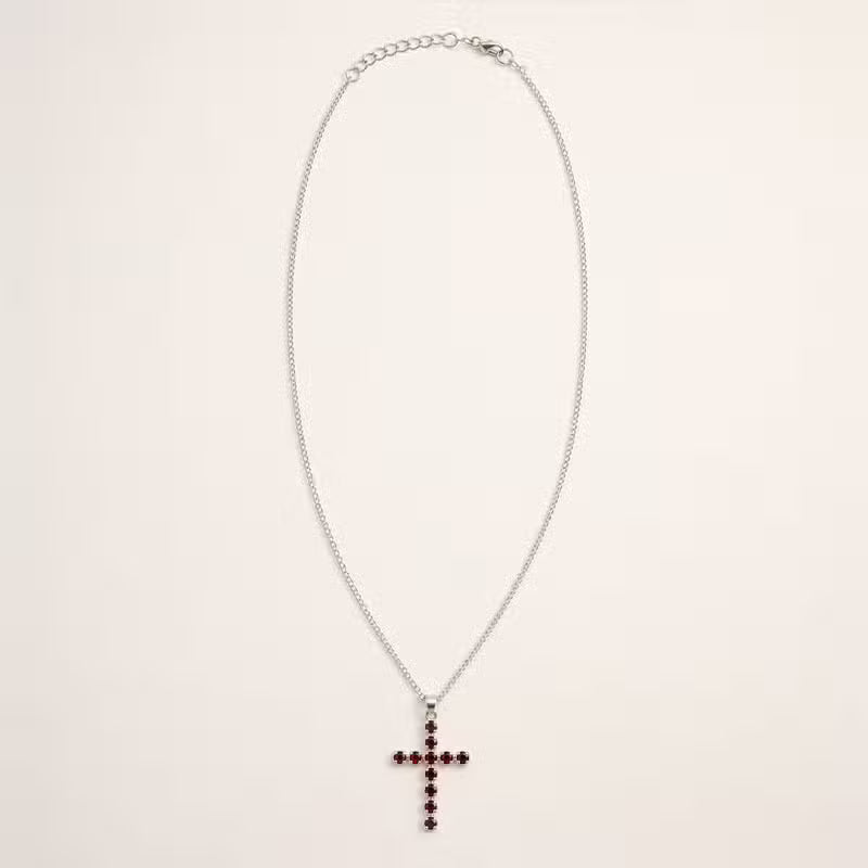 Indian Devotional Pendant - Silver-Plated (45 cm Chain) - Garnet Cross