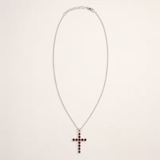 Indian Devotional Pendant - Silver-Plated (45 cm Chain) - Garnet Cross