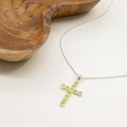 Indian Devotional Pendant - Silver-Plated (45 cm Chain) - Peridot Cross